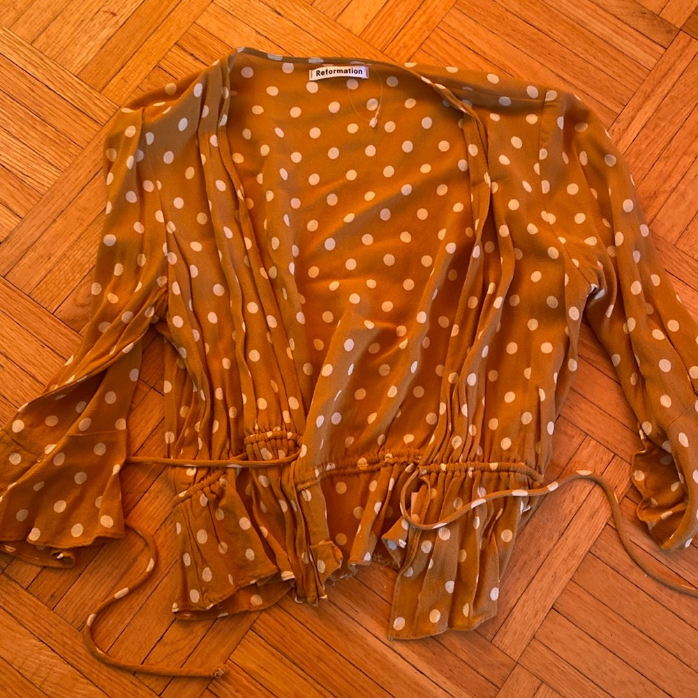 Reformation polka dot mustard blouse
